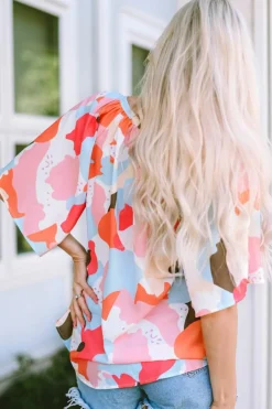 Clearance Dear-Lover Floral Print V Neck Half Sleeve Blouse Multicolor