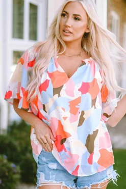 Clearance Dear-Lover Floral Print V Neck Half Sleeve Blouse Multicolor