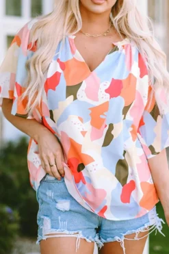 Clearance Dear-Lover Floral Print V Neck Half Sleeve Blouse Multicolor
