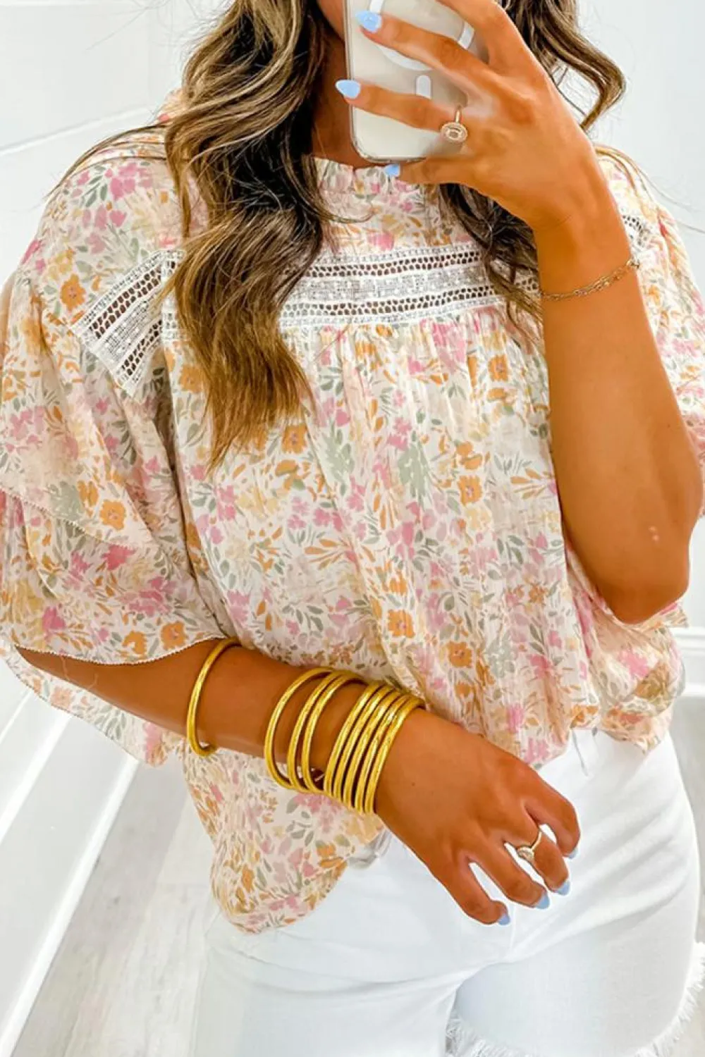 Sale Dear-Lover Floral Print Wide Ruffle Sleeves Blouse Multicolor