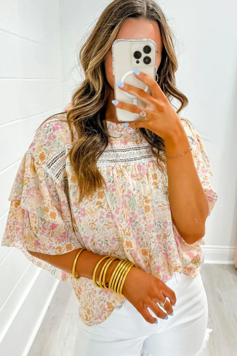 Sale Dear-Lover Floral Print Wide Ruffle Sleeves Blouse Multicolor