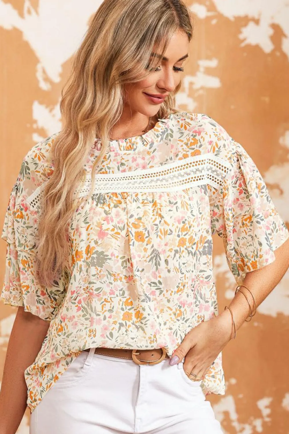 Sale Dear-Lover Floral Print Wide Ruffle Sleeves Blouse Multicolor