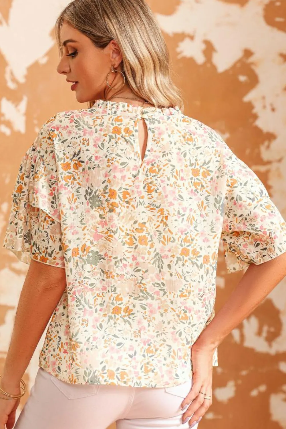 Sale Dear-Lover Floral Print Wide Ruffle Sleeves Blouse Multicolor