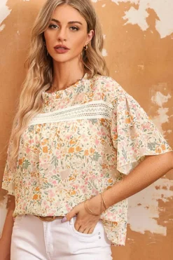 Sale Dear-Lover Floral Print Wide Ruffle Sleeves Blouse Multicolor
