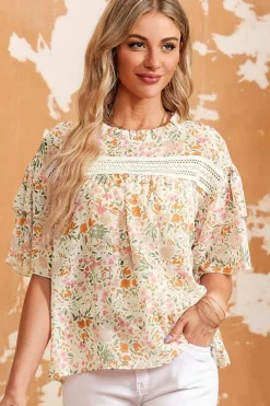 Sale Dear-Lover Floral Print Wide Ruffle Sleeves Blouse Multicolor