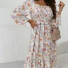 Hot Dear-Lover Floral Smocked Long Sleeve Pocketed Dress Multicolor