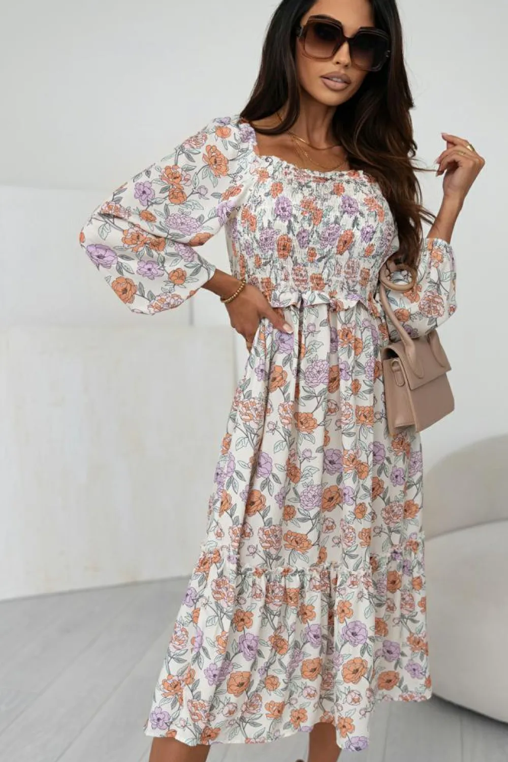 Hot Dear-Lover Floral Smocked Long Sleeve Pocketed Dress Multicolor