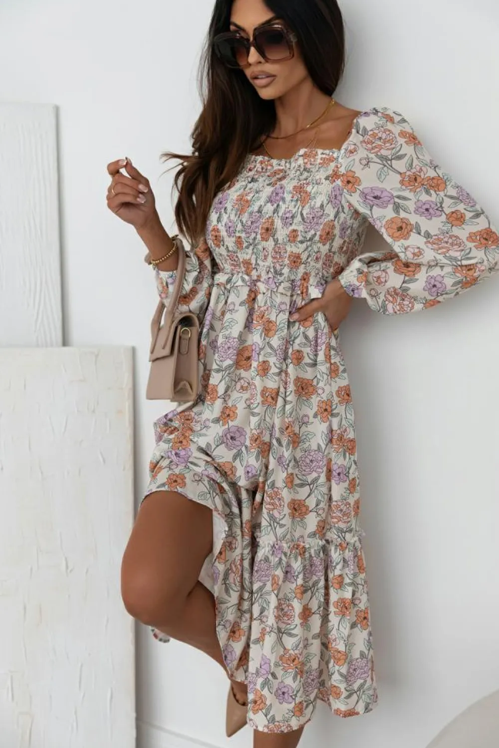 Hot Dear-Lover Floral Smocked Long Sleeve Pocketed Dress Multicolor