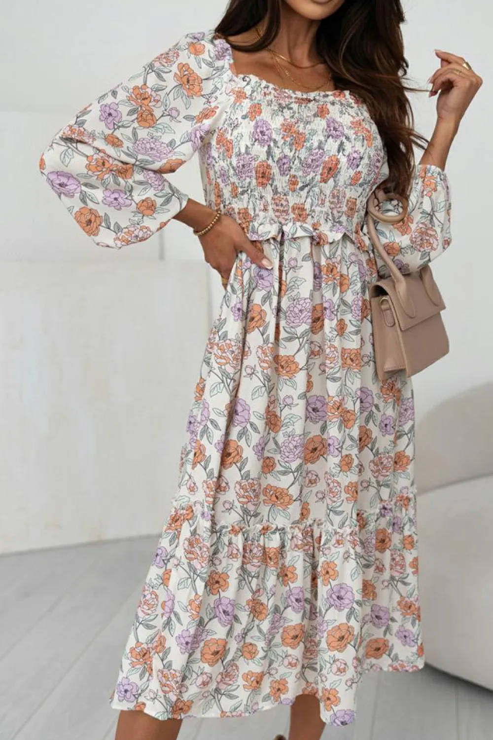 Hot Dear-Lover Floral Smocked Long Sleeve Pocketed Dress Multicolor