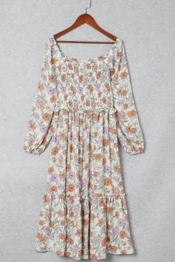 Hot Dear-Lover Floral Smocked Long Sleeve Pocketed Dress Multicolor
