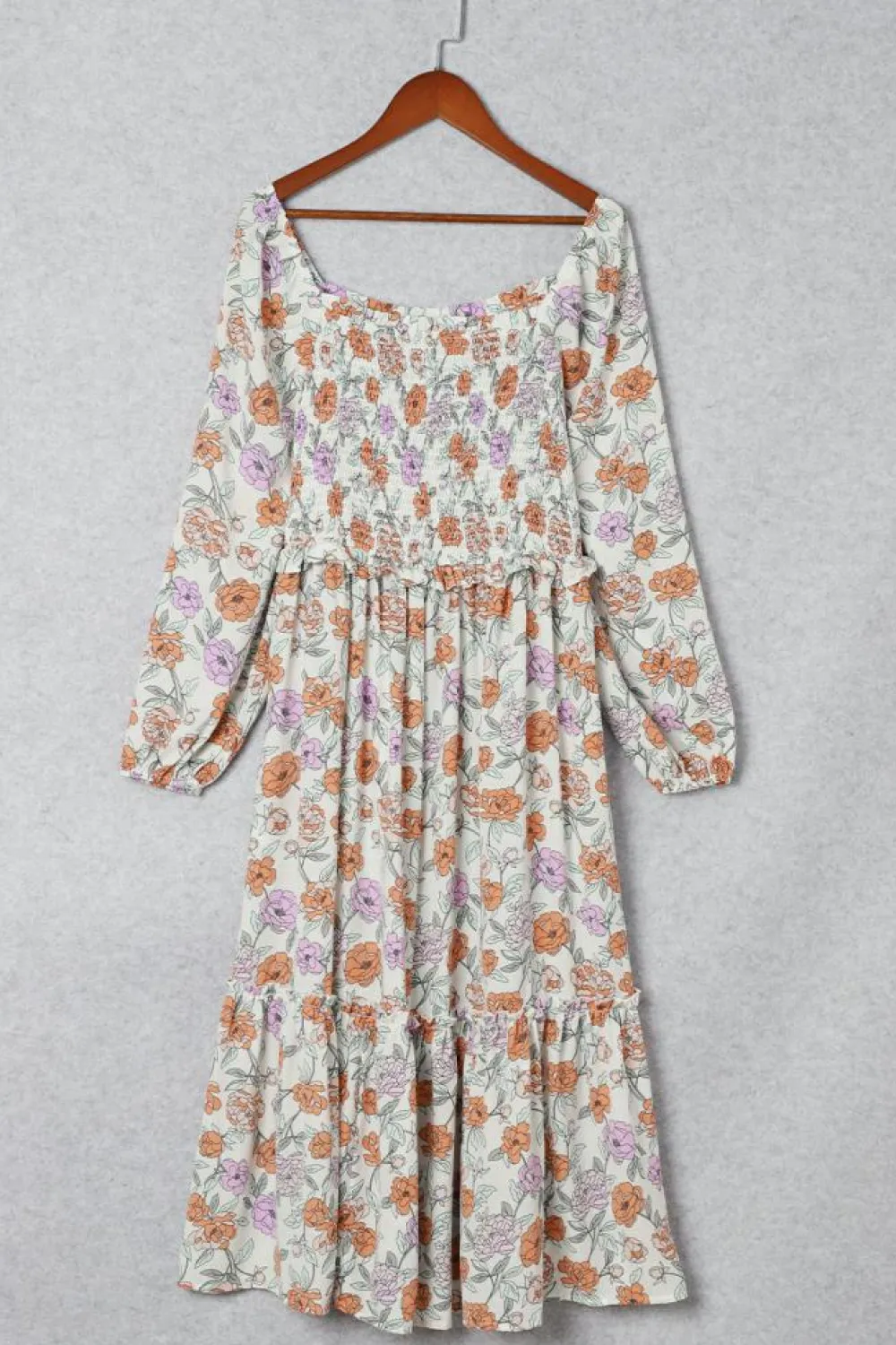 Hot Dear-Lover Floral Smocked Long Sleeve Pocketed Dress Multicolor