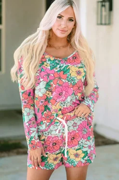 Best Dear-Lover Flower Print Pullover and Drawstring Shorts Lounge Set Multicolor