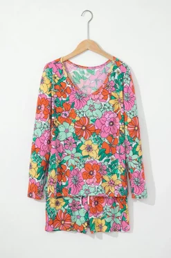 Best Dear-Lover Flower Print Pullover and Drawstring Shorts Lounge Set Multicolor