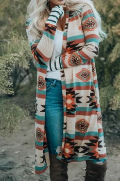 New Dear-Lover Geometric Color Block Open Front Long Cardigan Multicolor