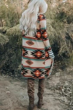 New Dear-Lover Geometric Color Block Open Front Long Cardigan Multicolor