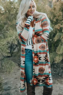 New Dear-Lover Geometric Color Block Open Front Long Cardigan Multicolor