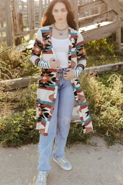 New Dear-Lover Geometric Color Block Open Front Long Cardigan Multicolor