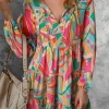 Sale Dear-Lover Geometric Print Split Neck Ruffle Tiered Mini Dress Multicolor