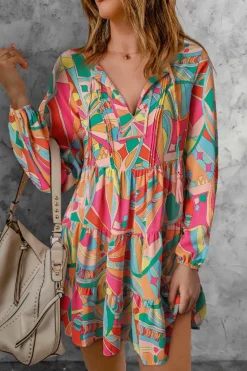 Sale Dear-Lover Geometric Print Split Neck Ruffle Tiered Mini Dress Multicolor
