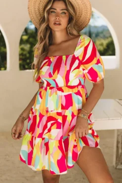 New Dear-Lover Geometric Print Smocked Babydoll Mini Dress Multicolor