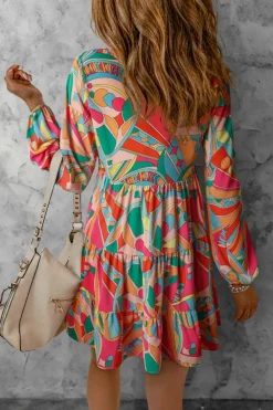 Sale Dear-Lover Geometric Print Split Neck Ruffle Tiered Mini Dress Multicolor