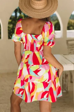 New Dear-Lover Geometric Print Smocked Babydoll Mini Dress Multicolor