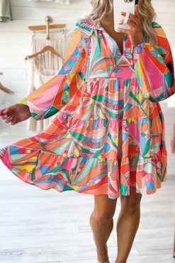 Sale Dear-Lover Geometric Print Split Neck Ruffle Tiered Mini Dress Multicolor
