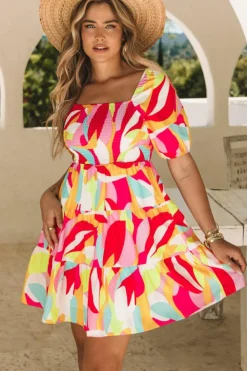 New Dear-Lover Geometric Print Smocked Babydoll Mini Dress Multicolor