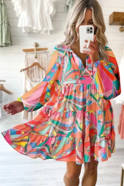 Sale Dear-Lover Geometric Print Split Neck Ruffle Tiered Mini Dress Multicolor