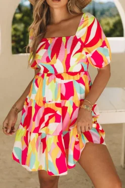 New Dear-Lover Geometric Print Smocked Babydoll Mini Dress Multicolor
