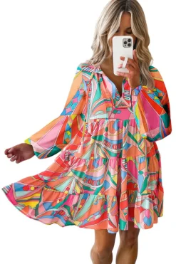 Sale Dear-Lover Geometric Print Split Neck Ruffle Tiered Mini Dress Multicolor