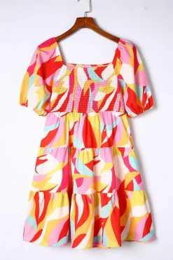 New Dear-Lover Geometric Print Smocked Babydoll Mini Dress Multicolor