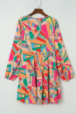 Sale Dear-Lover Geometric Print Split Neck Ruffle Tiered Mini Dress Multicolor