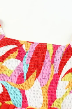 New Dear-Lover Geometric Print Smocked Babydoll Mini Dress Multicolor