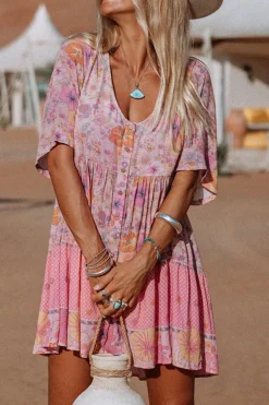 Best Dear-Lover Hibiscus Floral Print Ruffle Mini Dress Multicolor