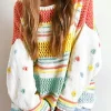 New Dear-Lover Hollow Striped Knit Contrast Sleeve Sweater Multicolor