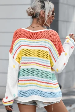 New Dear-Lover Hollow Striped Knit Contrast Sleeve Sweater Multicolor