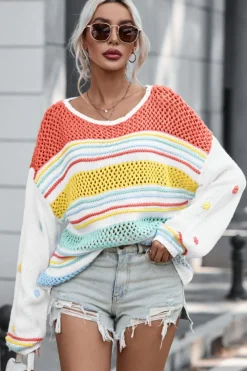 New Dear-Lover Hollow Striped Knit Contrast Sleeve Sweater Multicolor