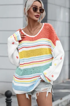 New Dear-Lover Hollow Striped Knit Contrast Sleeve Sweater Multicolor