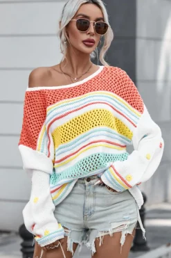New Dear-Lover Hollow Striped Knit Contrast Sleeve Sweater Multicolor
