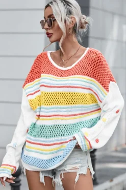 New Dear-Lover Hollow Striped Knit Contrast Sleeve Sweater Multicolor