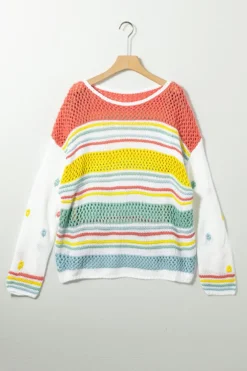 New Dear-Lover Hollow Striped Knit Contrast Sleeve Sweater Multicolor