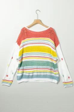 New Dear-Lover Hollow Striped Knit Contrast Sleeve Sweater Multicolor