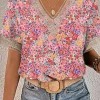 New Dear-Lover Lace Trim V Neck Short Sleeve Blouse Multicolor