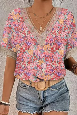 New Dear-Lover Lace Trim V Neck Short Sleeve Blouse Multicolor