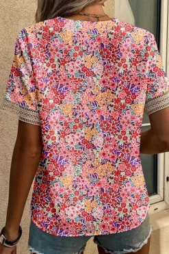 New Dear-Lover Lace Trim V Neck Short Sleeve Blouse Multicolor