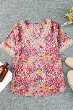 New Dear-Lover Lace Trim V Neck Short Sleeve Blouse Multicolor