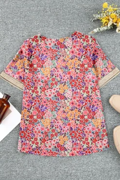 New Dear-Lover Lace Trim V Neck Short Sleeve Blouse Multicolor