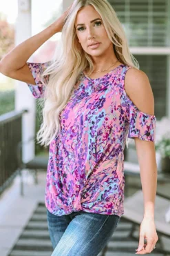 Clearance Dear-Lover Lavender Floral Print Cold Shoulder Blouse Multicolor