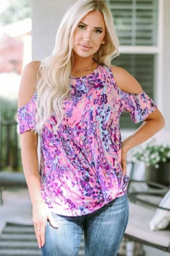 Clearance Dear-Lover Lavender Floral Print Cold Shoulder Blouse Multicolor